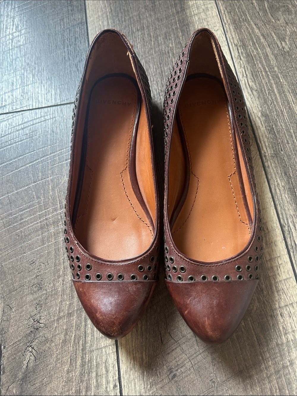 Givenchy Brown Leather Studded Pointed-Toe Flats - Picture 1 of 10